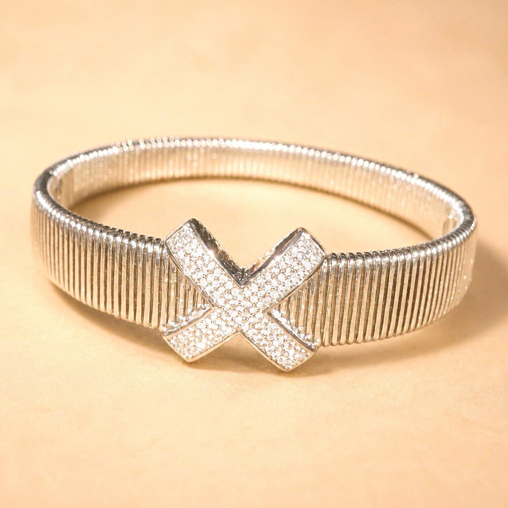 High End Silver Plated Ribbed Cuff Bangle Bracelet Pavé VVS CZ Crystal
